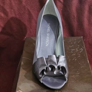 Like New (worn once) Michael Shannon Jolie Satin Gray Ruffle Open Toe High Heels